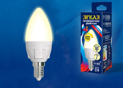 LED-C37 7W/3000K/E14/FR/DIM PLP01WH Лампа светодиодная, диммируемая. Форма «свеча», матовая. Серия Яркая. Теплый белый свет (3000K). Картон. ТМ Uniel.