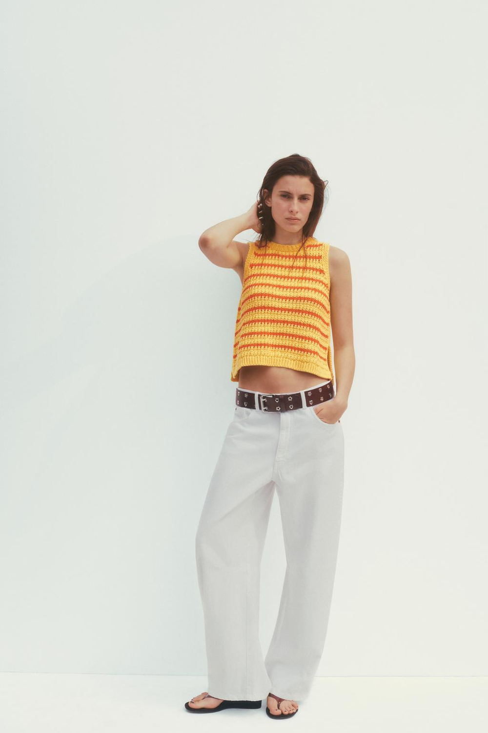 ZARA ТРИКОТАЖНЫЙ ТОП В ПОЛОСКУ, ЖЕЛТЫЙ