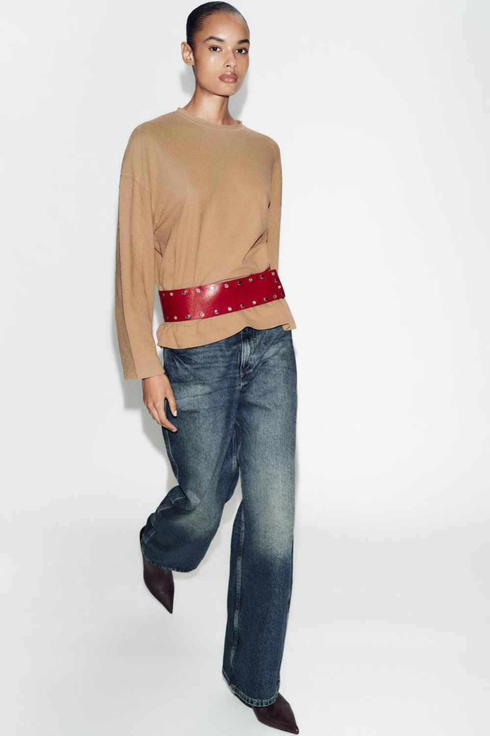 ZARA ФУТБОЛКА С ДЛИННЫМИ РУКАВАМИ, МЯГКИЙ КАШТАНОВЫЙ