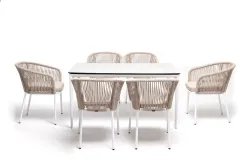 "Малага" обеденная группа на 6 персон со стульями "Марсель", каркас белый, роуп бежевый