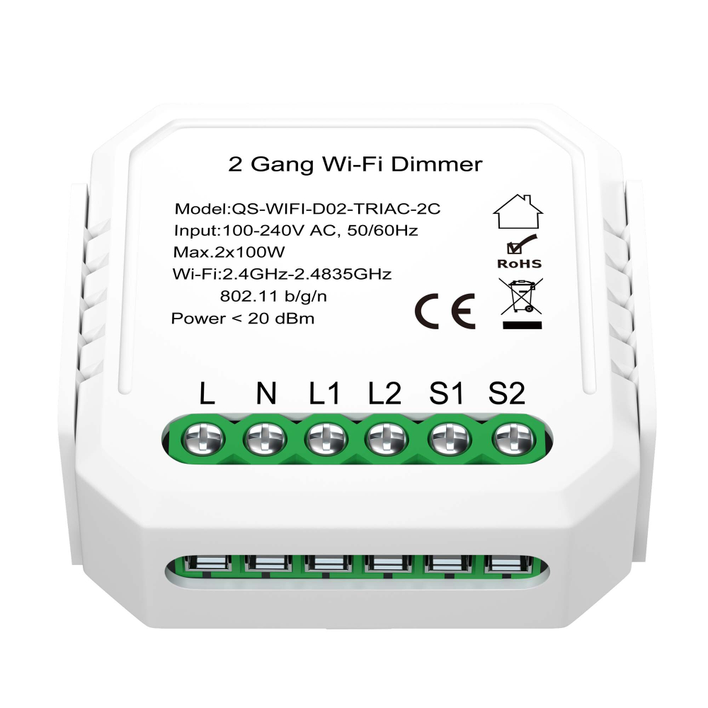 ST9000.500.02C WIFI реле 2 канала, 2х5A Белый - -*Max 2x1150W / 2x150W - Ra  IP20 L46xW46xH18 100-240V