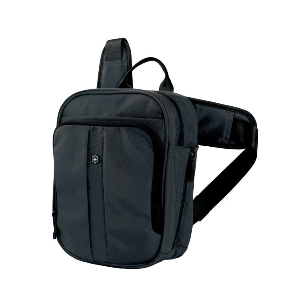 Качественная прочная наплечная вертикальная сумка чёрная объёмом 6 л из нейлона 800D с возможностью ношения в 3 положениях VICTORINOX Deluxe Travel Companion 31174201