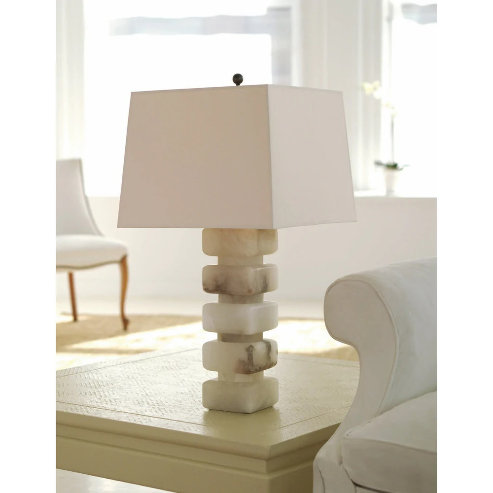 Square Chunky Stacked Table Lamp in Alabaster with Natural Paper Shade