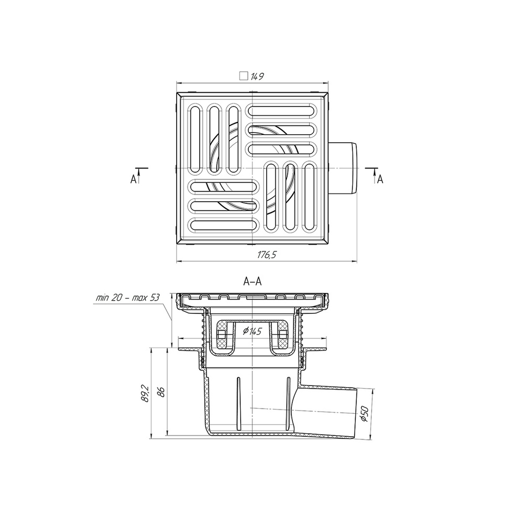 50 трап с гориз. спуском, рег решетка 150х150 нерж, СУХОЙ АНИ пласт TQ5612