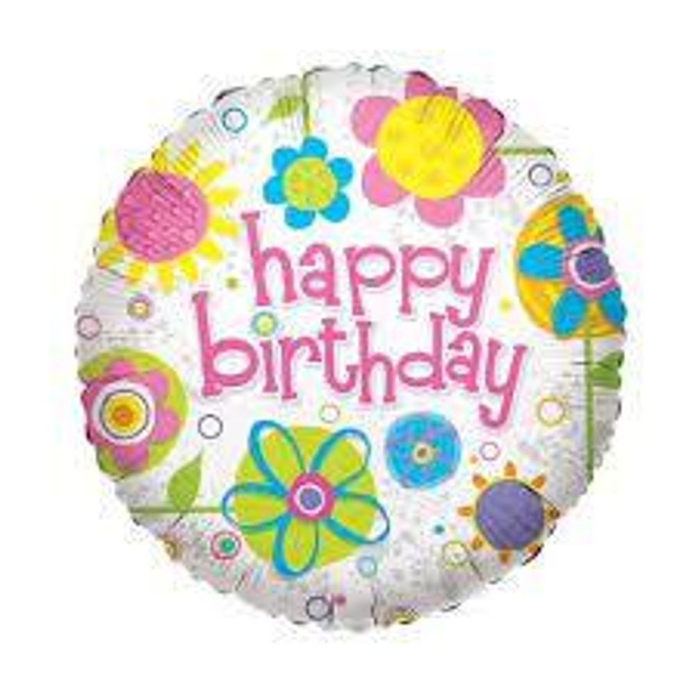 Фольгированный шар, круг, Happy Birthday Цветы Е26