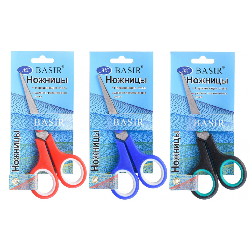 Ножницы канцелярские Basir прорезиненная ручка, 14 см, ассорти