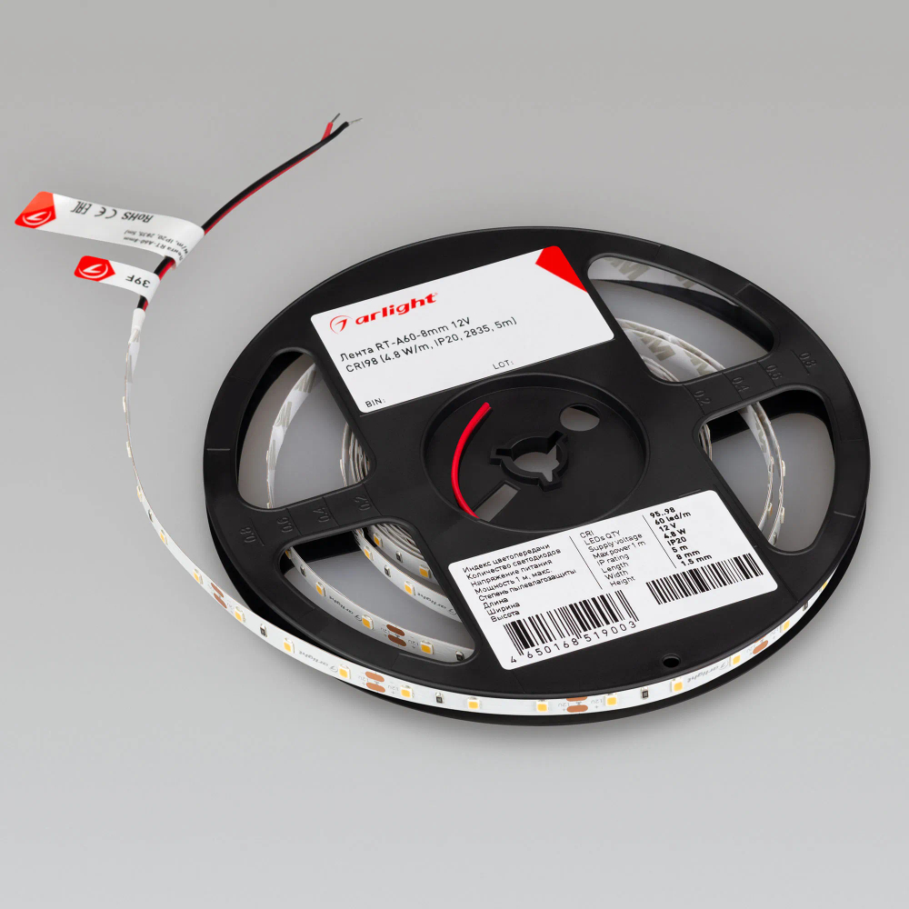 Светодиодная лента RT-A60-8mm 12V Day4000 CRI98 (4.8 W/m, IP20, 2835, 5m) (Arlight, Открытый) 021419(2)