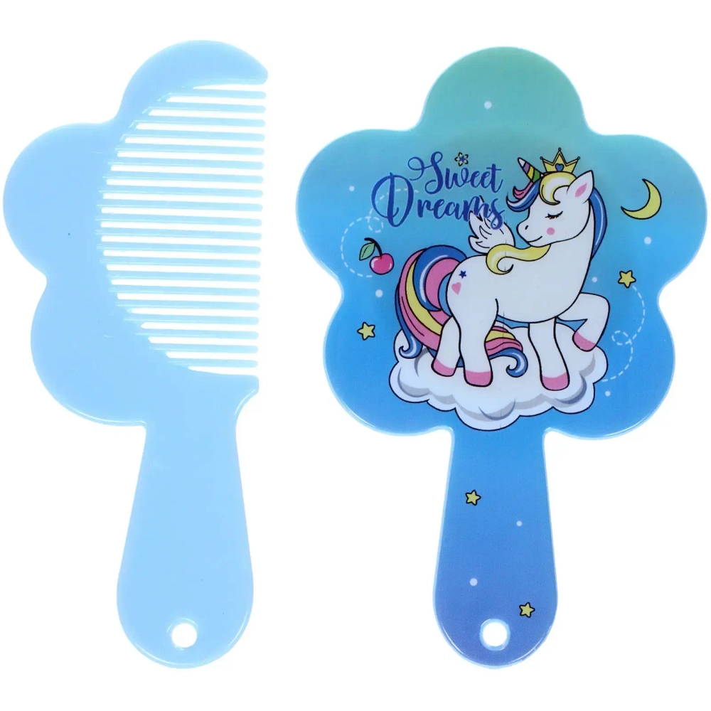 Расческа с зеркалом в наборе детские «МИМИШКИ», единорог, цвет голубой, 11см