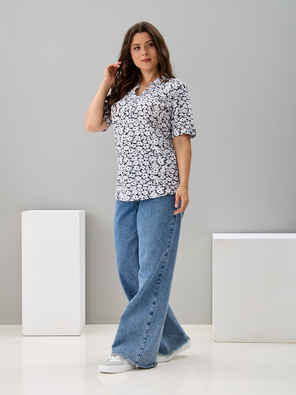 Блузка БЛ-122/серый-белыецветочки