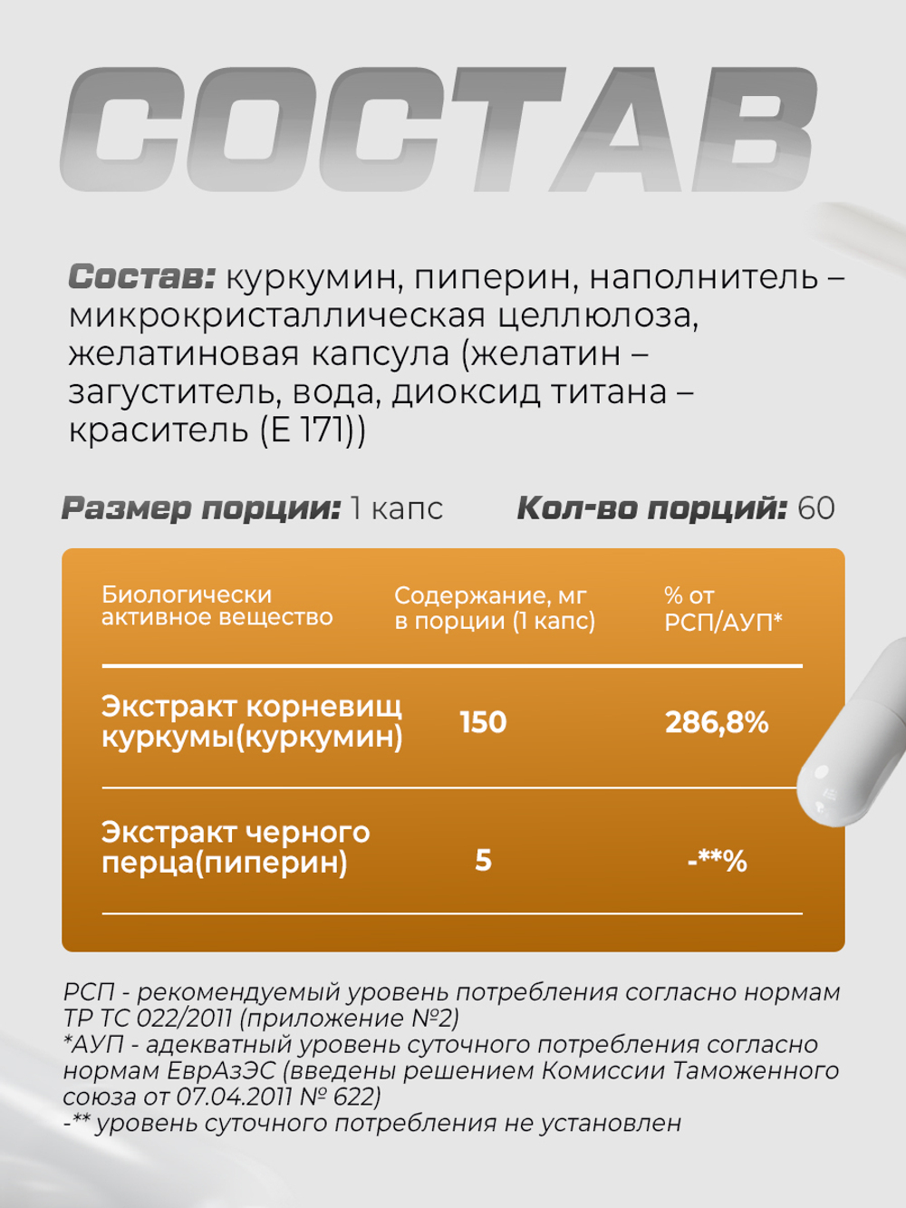 Куркумин с пиперином (биоперином) в капсулах для иммунитета, печени и суставов, 155 мг, 60 шт