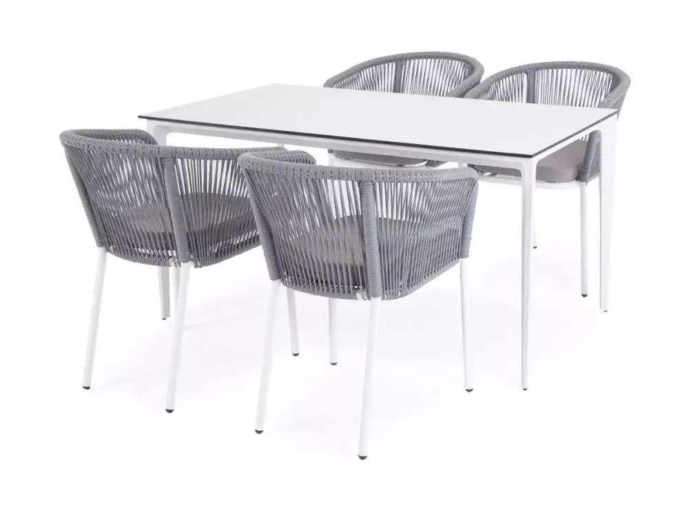 "Малага" обеденная группа на 4 персоны со стульями "Марсель", каркас белый, роуп светло-серый