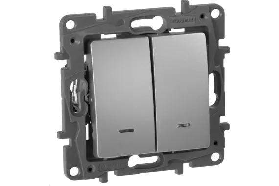 Выключатель Legrand Etika 2-клавишный с индикатором проходной алюминий 30182