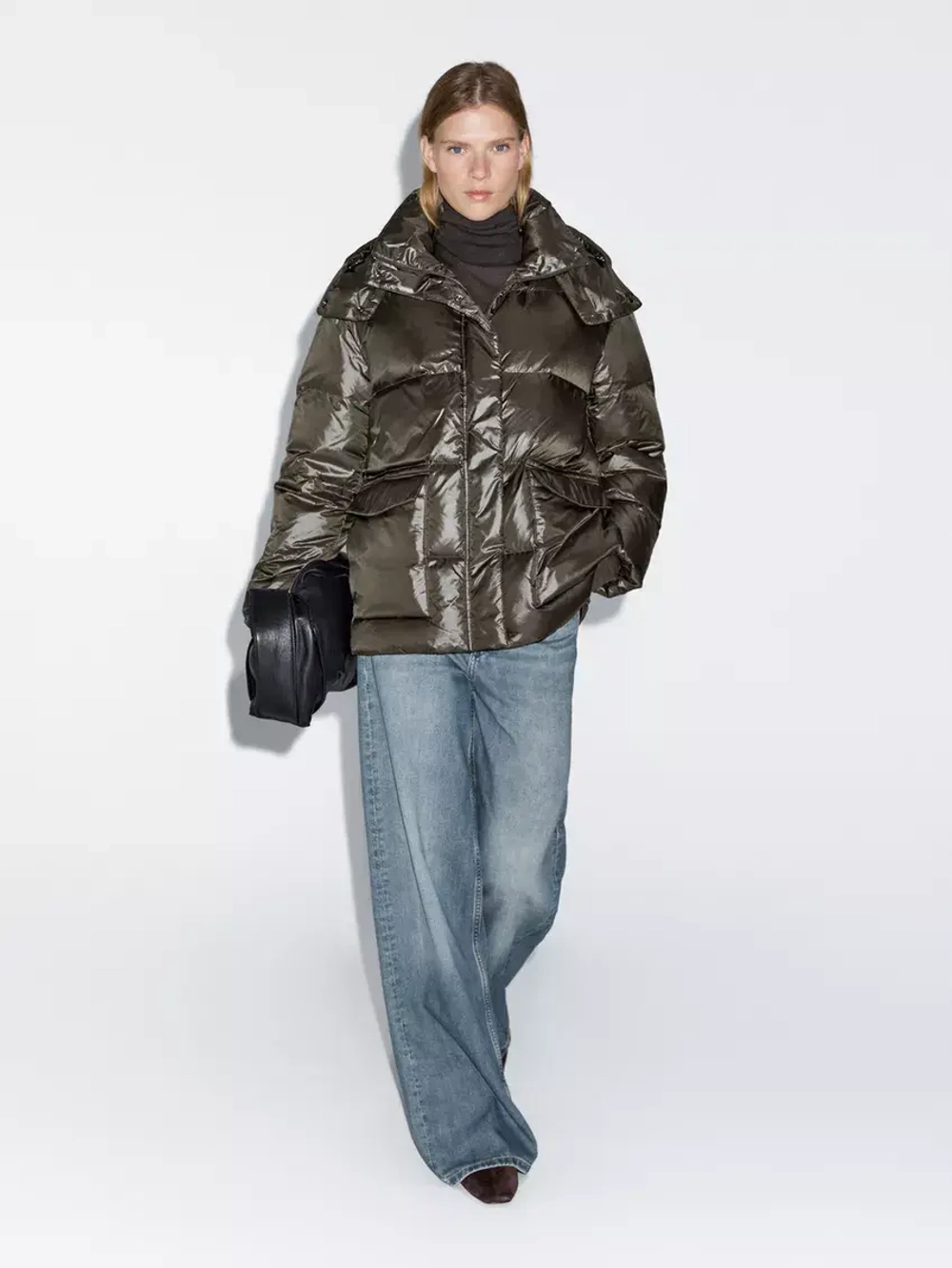 Massimo Dutti Короткая непромокаемая стеганая куртка с капюшоном, бутылочный