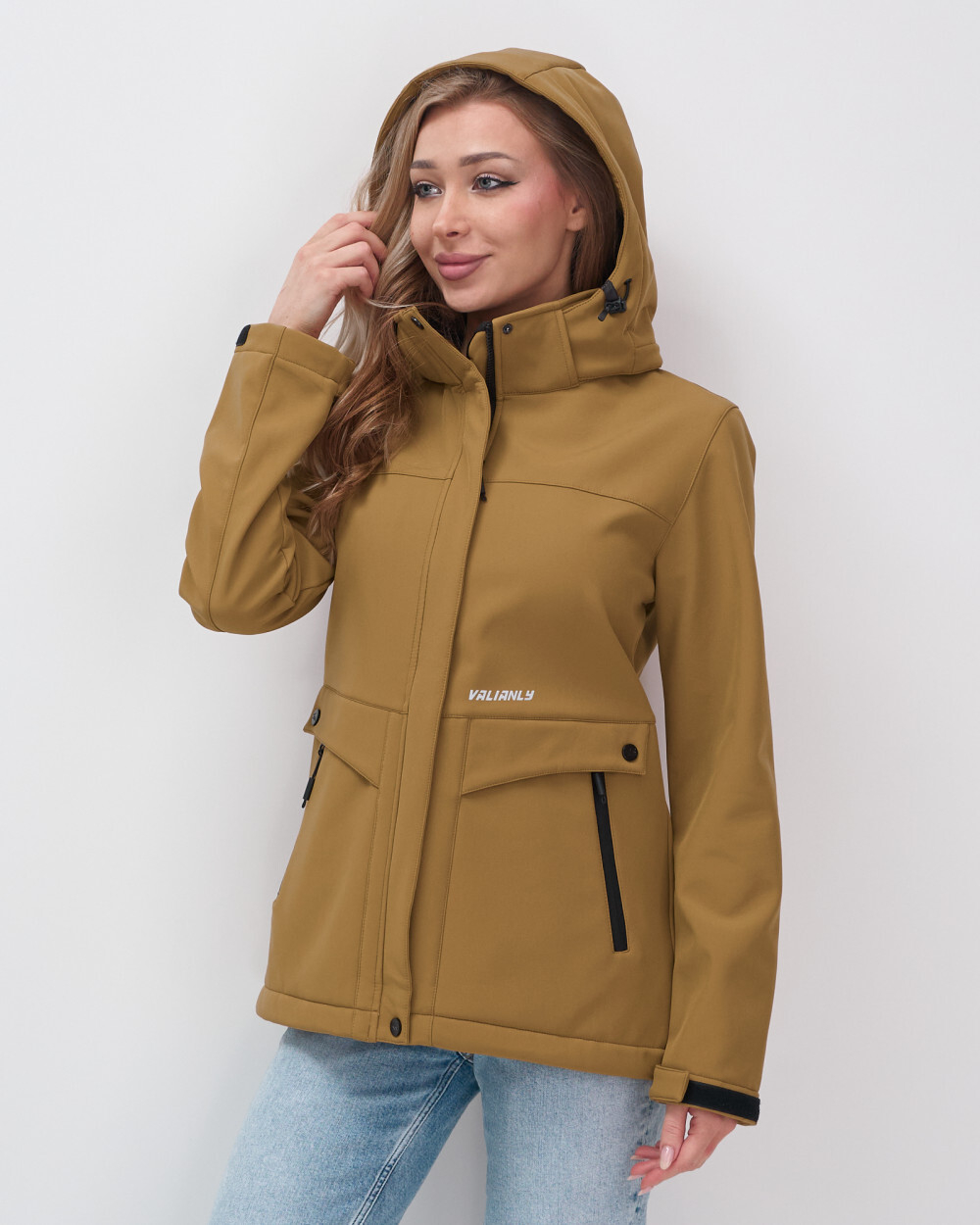 Ветровка спортивная женская с капюшоном softshell горчичного цвета 9566G