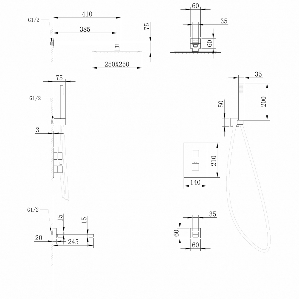 Душевая система ABBER Daheim AF8250SP скрытого монтажа с изливом, термостат, сатин