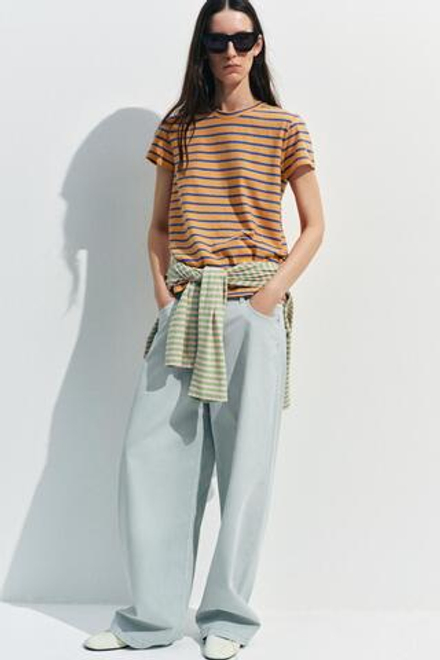 ZARA ФУТБОЛКА В ПОЛОСКУ ИЗ ХЛОПКА И ЛЬНА, ОРАНЖЕВЫЙ