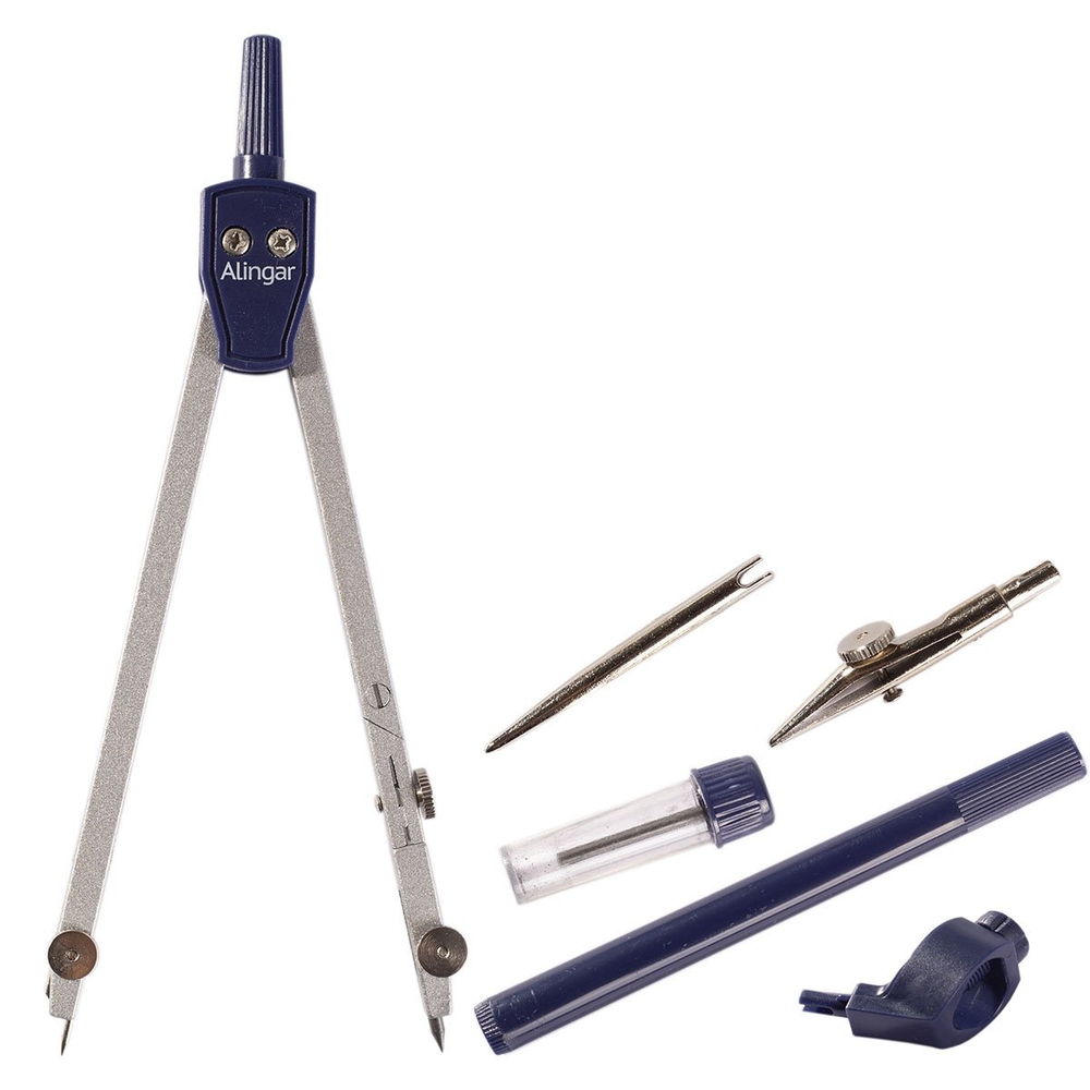 Готовальня Alingar, 6 предметов,метал. циркуль,удлин. цирк.,насадка с ун.держателем,грифель, точ. насадка,рейсфедер, пл. футляр, европод., синий