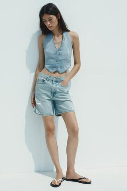 ZARA ДЖИНСОВЫЕ ШОРТЫ TRF С РАЗРЕЗАМИ И СРЕДНЕЙ ПОСАДКОЙ, СИНИЙ