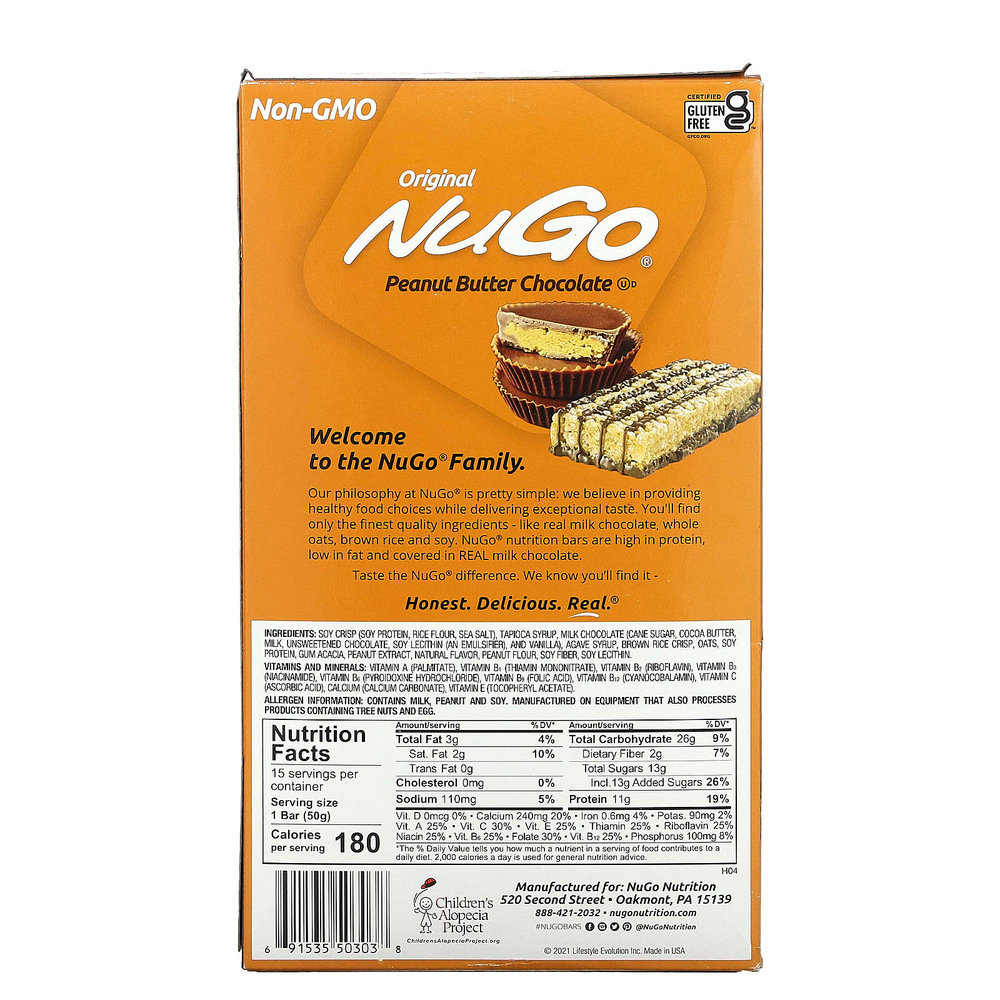 NuGo Nutrition, Оригинальные шоколадные батончики с арахисовой пастой, 15 батончиков, 50 г (1,76 унции)
