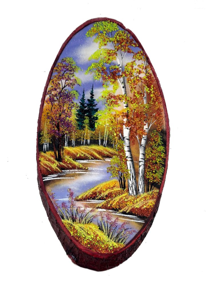 Картина на срезе дерева &quot;Осень у реки&quot; 50-55 см 1100гр