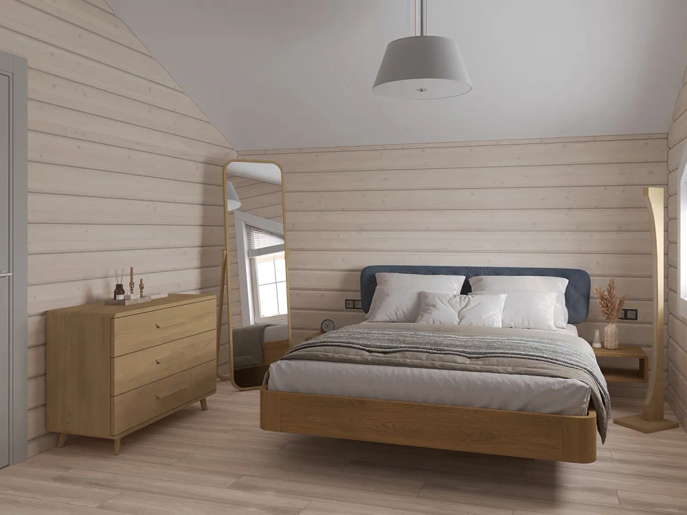 Кровать из дуба срощенного с тумбами и подсветкой Батерфлай