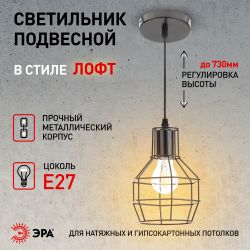 Светильник подвесной (подвес) ЭРА PL11 BK металл, E27, max 60W, высота плафона 220мм, подвеса 730мм, черный | Подвесы в стиле LOFT