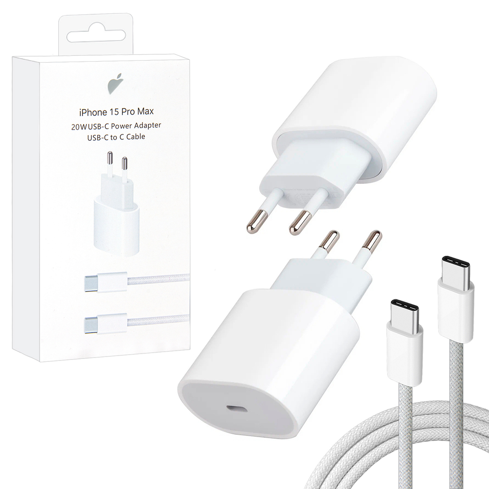 Сетевой адаптер питания USB-C 20W + кабель Type-C-Type-C 15 Pro Max с лого (белый)