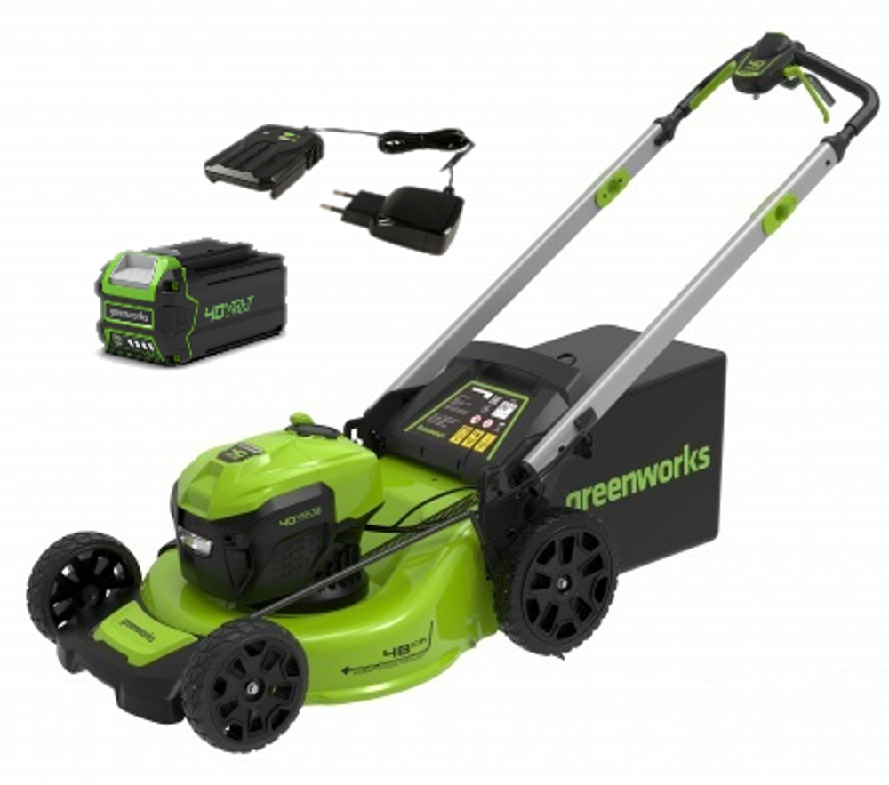 Аккумуляторная самоходная газонокосилка Greenworks GD40LM48SPK4,  2517407UB.40v, 48 см, АКБ 4 А·ч и ЗУ (2517407UB) купить по выгодной цене в  официальном магазине Greenworks