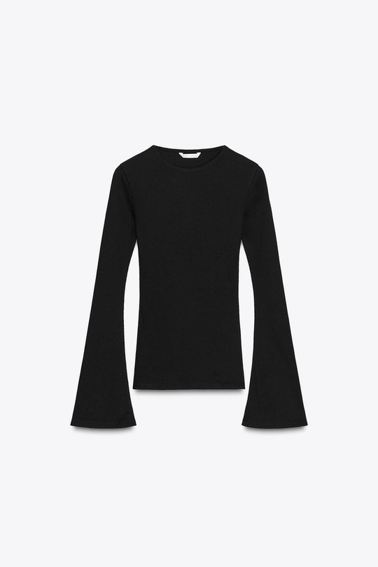 ZARA ФУТБОЛКА В РУБЧИК С РАСКЛЕШЕННЫМИ РУКАВАМИ, ЧЕРНЫЙ