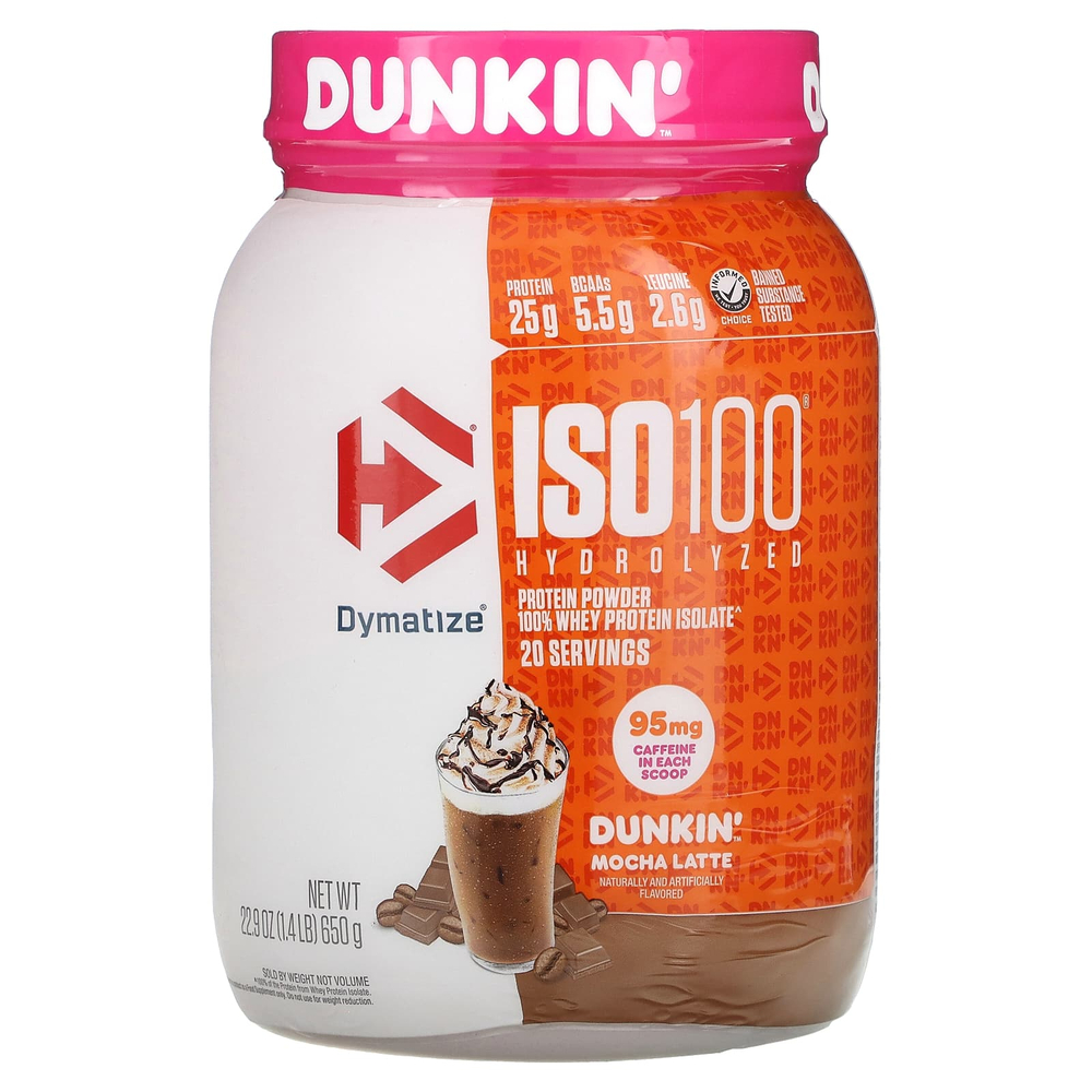 Dymatize, ISO100®, гидролизованный, 100% изолят сывороточного протеина Dunkin', мокко латте, 650 г (1,4 фунта)