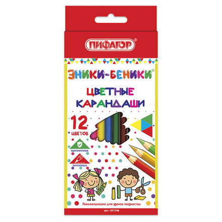 Карандаши цветные ПИФАГОР "ЭНИКИ-БЕНИКИ", 12 цветов, классические заточенные, 181346