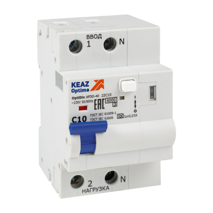 Устройство защиты от дугового пробоя с АВДТ и защ. от пов. напряж. OptiDin AFDD-40-22C10-A-У3 (2P, C10, 30mA, Uоткл 275В) КЭАЗ