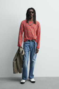 ZARA Х AARON LEVINE ФУТБОЛКА ЖАККАРД В ПОЛОСКУ, БЕЛЫЙ/КРАСНЫЙ