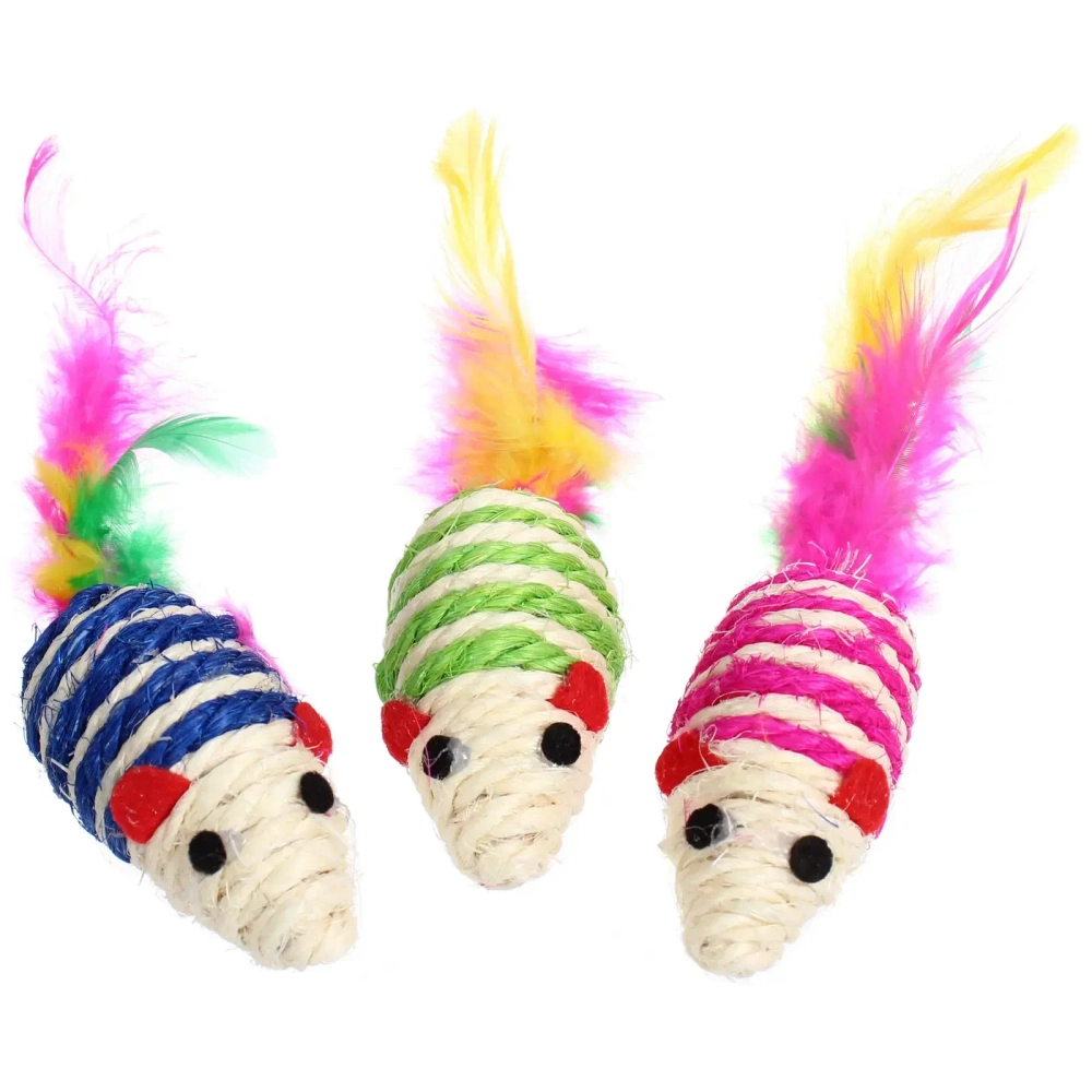 Игрушка - мышка для кошек «ЦЕПКИЕ ЛАПКИ», канатная с пёрышками, микс 3 цвета, 7*3,5см (пакет с хедером)✦