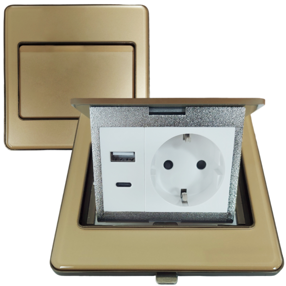 Лючок в пол стеклянный 1-РОЗЕТКА + USB+TYPE-C (цвет золотой)