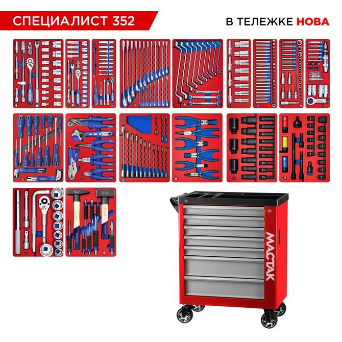 МАСТАК (50-07352R) Набор инструментов 352 предмета, "СПЕЦИАЛИСТ 352", в красной тележке