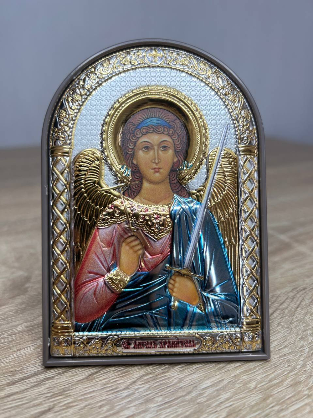 Ангел хранитель, икона арочная, пластик коричневый, эмаль 80х115