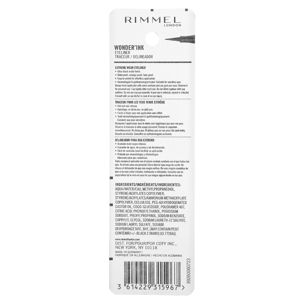 Rimmel London, Wonder' Ink, водостойкая подводка для глаз, 001 черная, 1 мл (0,03 жидк. унции)