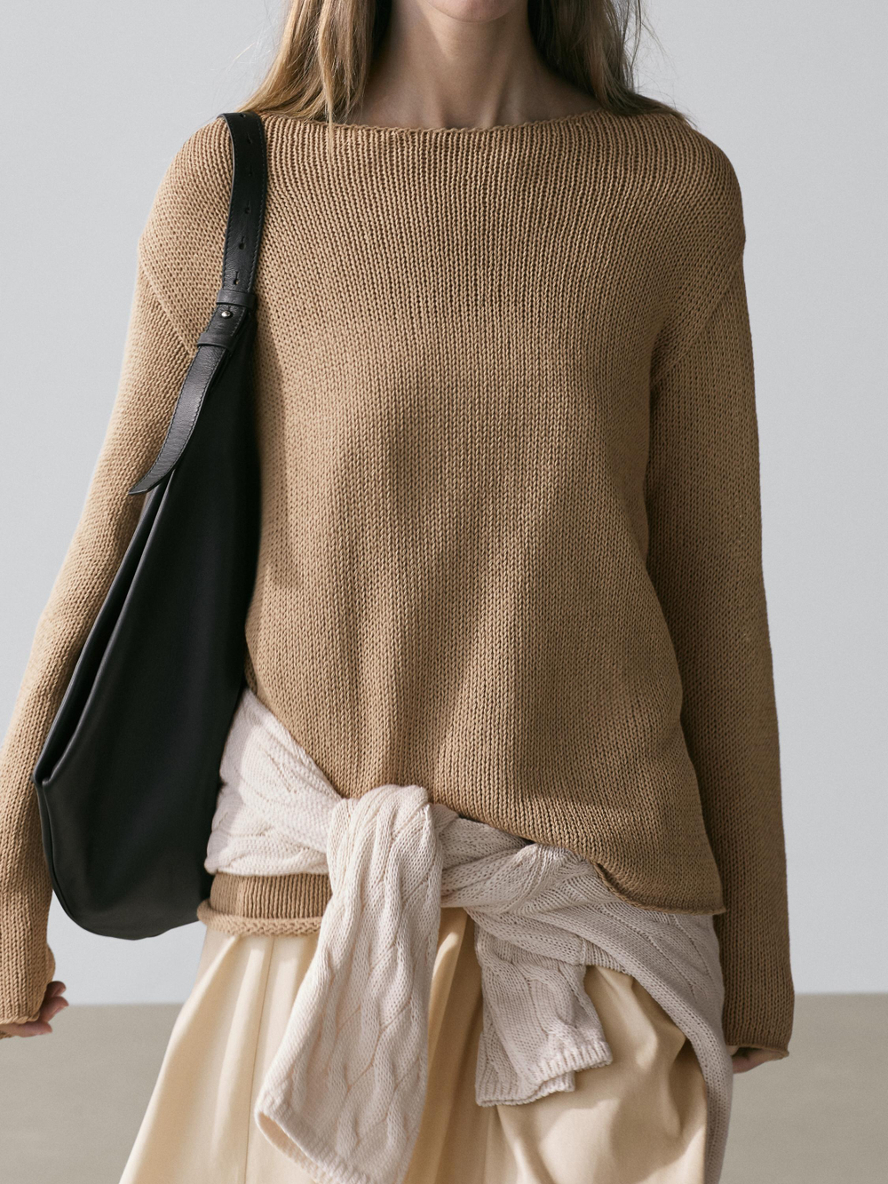 Massimo Dutti Свитер из смесового хлопка с ажурным узором, светло-коричневый