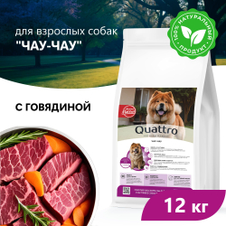Корм сухой для взрослых собак породы Чау-чау, премиум полнорационный комплекс, с говядиной, 12 кг, QUATTRO