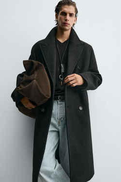 ZARA ШЕРСТЯНОЕ ПАЛЬТО ИЗ РЕЛЬЕФНОЙ ТКАНИ БУКЛЕ, ЧЕРНЫЙ