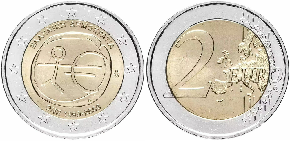 Греция 2 евро, 2009 10 лет монетарной политики ЕС (EMU) и введения евро aUNC