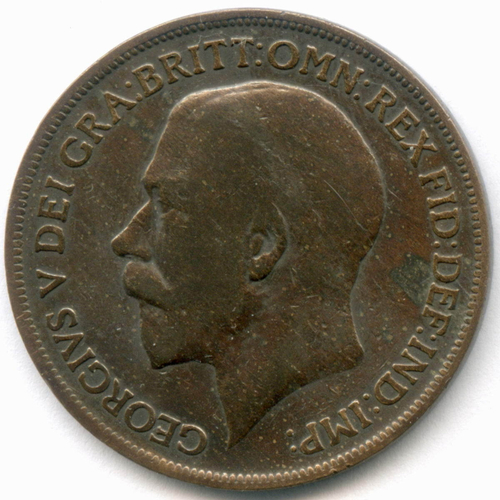 1 пенни 1915 год. Великобритания. Георг V. Бронза, диаметр 30,8 мм. F