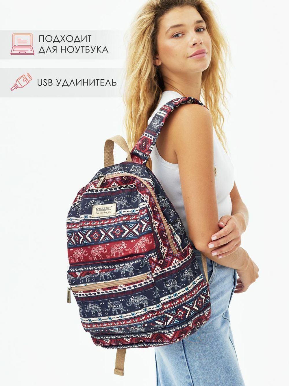 Рюкзак с отделением для ноутбука до 15,6" и USB-портом для зарядки (Бохо слоны)