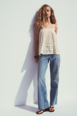 ZARA ТОП АЖУРНОЙ ВЯЗКИ С КРУЖЕВОМ, ЭКРЮ