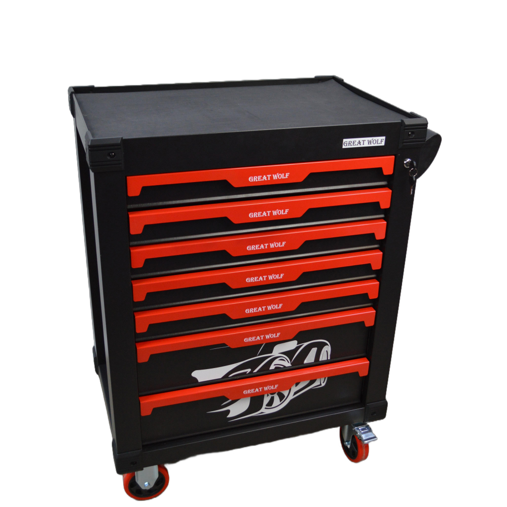 Инструментальная тележка с инструментом GW-7ST2 Black (Great Wolf, 324поз), 7 ящиков, увеличенные колеса с тормозом, ЦЗ, усиленная