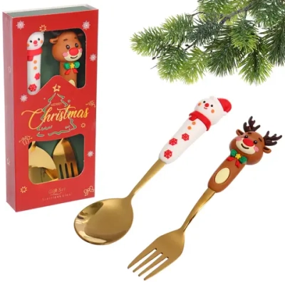 Набор для десерта «Новогодняя семейка» 2предмета (ложка+вилка) в подарочной коробке, золото