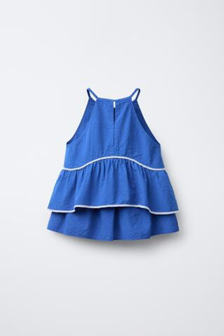 ZARA ТОП С ВОЛАНАМИ И ДЕКОРАТИВНОЙ СТРОЧКОЙ, СИНИЙ