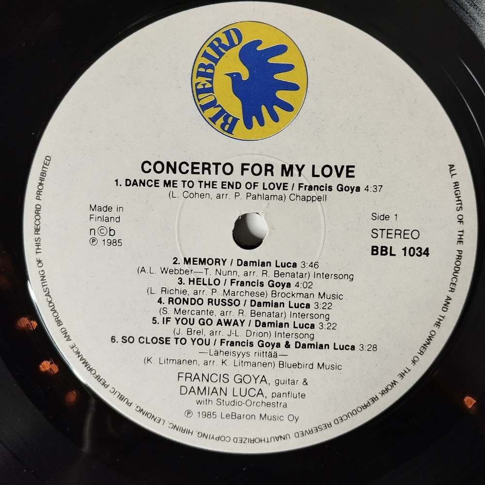 Винтажная виниловая пластинка LP Francis Goya and Damian Luca Concerto For My Love (Finland 1985)