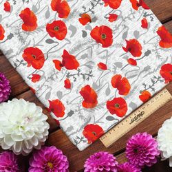 Ткань габардин красные маки и серые стебли